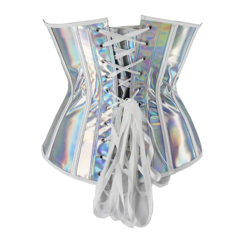 Steampunk Metallic Silver PU Leather Overbust Corset Lace-Up Bustier Top