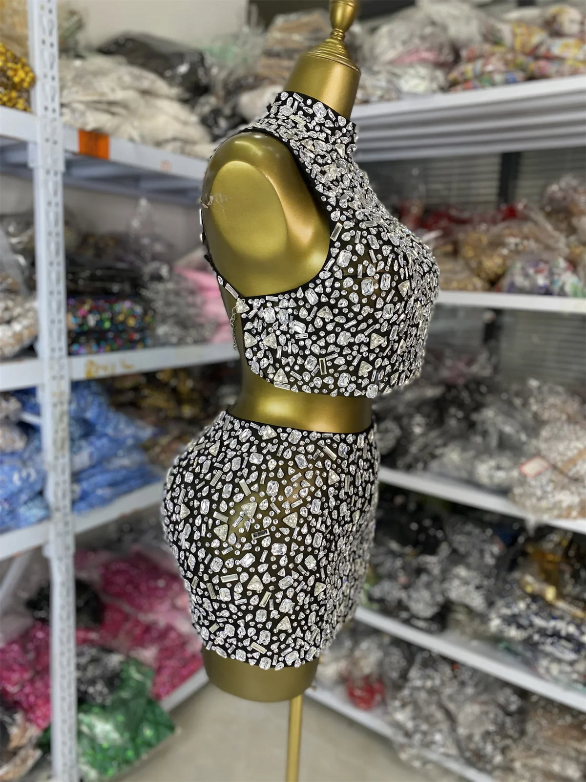 Vintage-Inspired Sparkly Rhinestones Two-Piece Backless Top And Mini Skirt Set