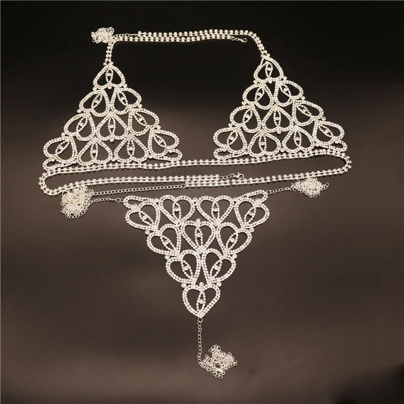 Heart Rhinestone Bra & Brief Body Jewelry