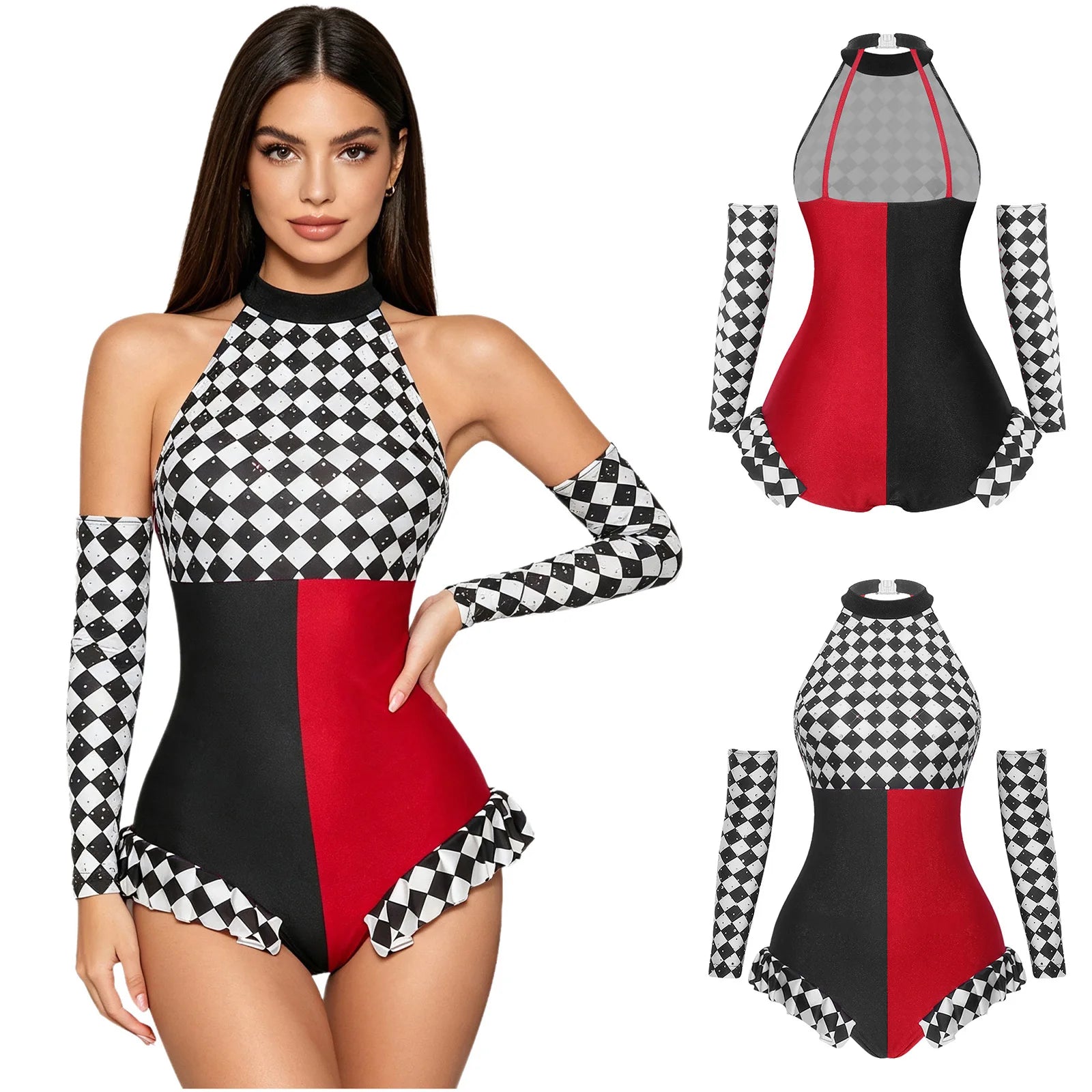 Circus Harlequin Clown Plaid Halter Bodysuit & Arm Sleeves 2-Piece Cosplay Costume Set