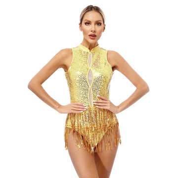 Glitter Sequin Fringe Latin Dance Leotard & Backless Performance Bodysuit