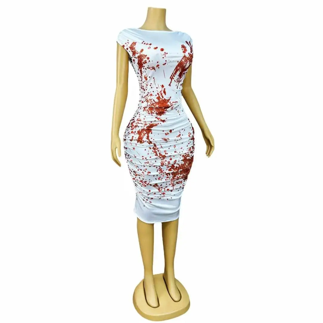 Women's Horror Bloodstain Rhinestone Dress | Sparkly Pleated Halloween Costume for Party & Stage