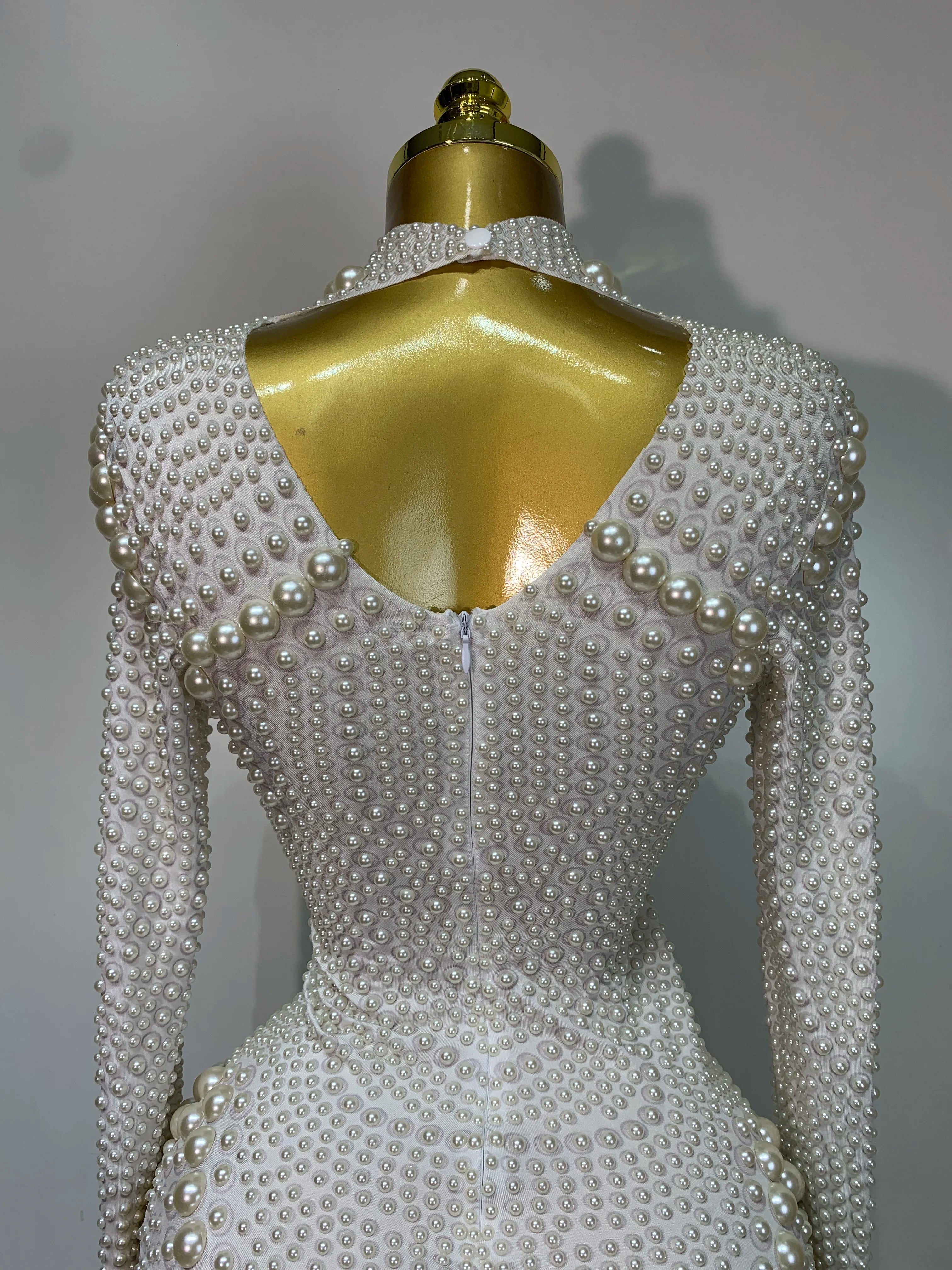 Luxury Pearl Long Sleeve Spandex Stretch Bodysuit Evening Stage Performance Costume