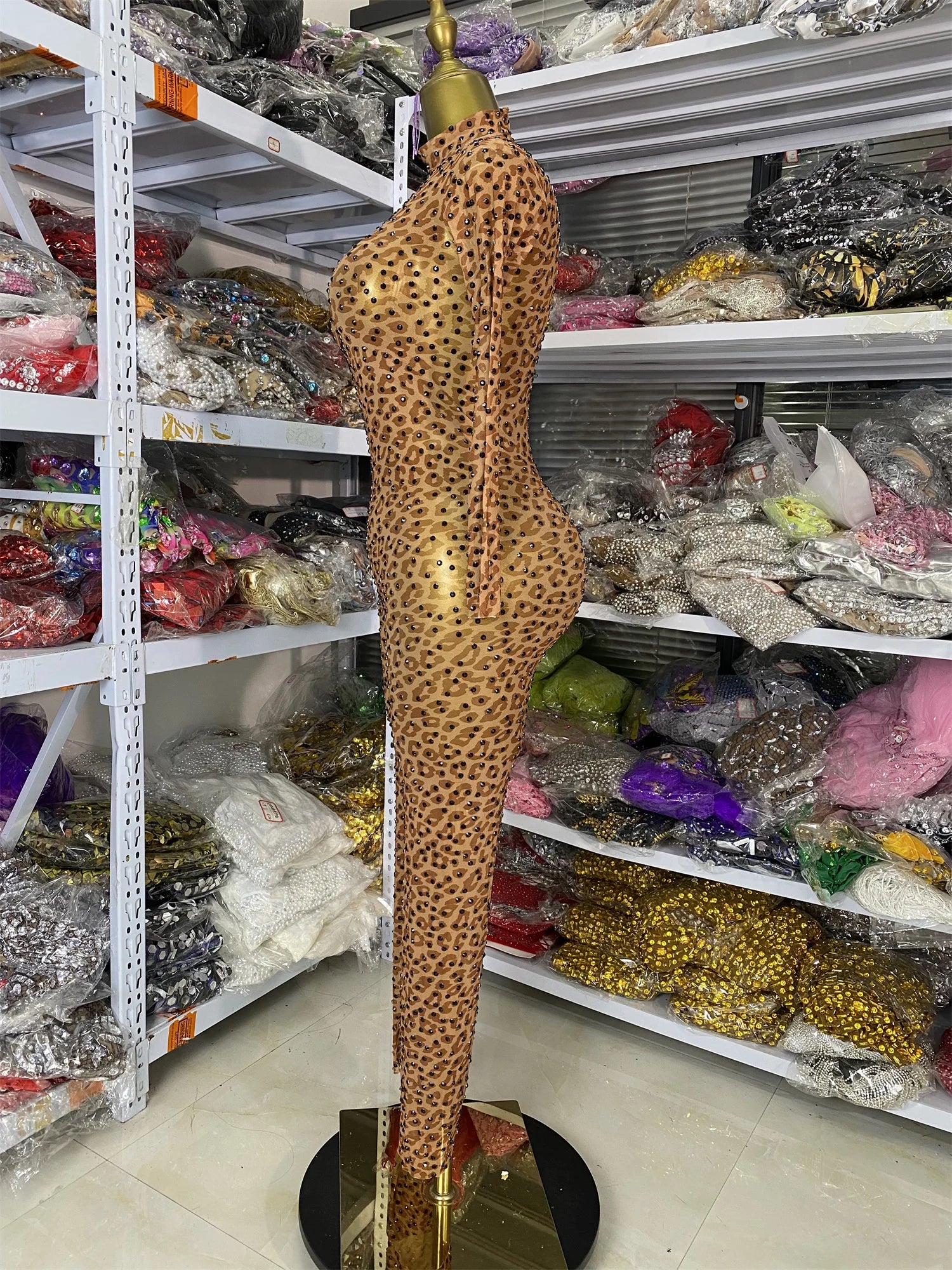 Leopard Print Rhinestone Catsuit Long Sleeve Stage Performance Jumpsuit