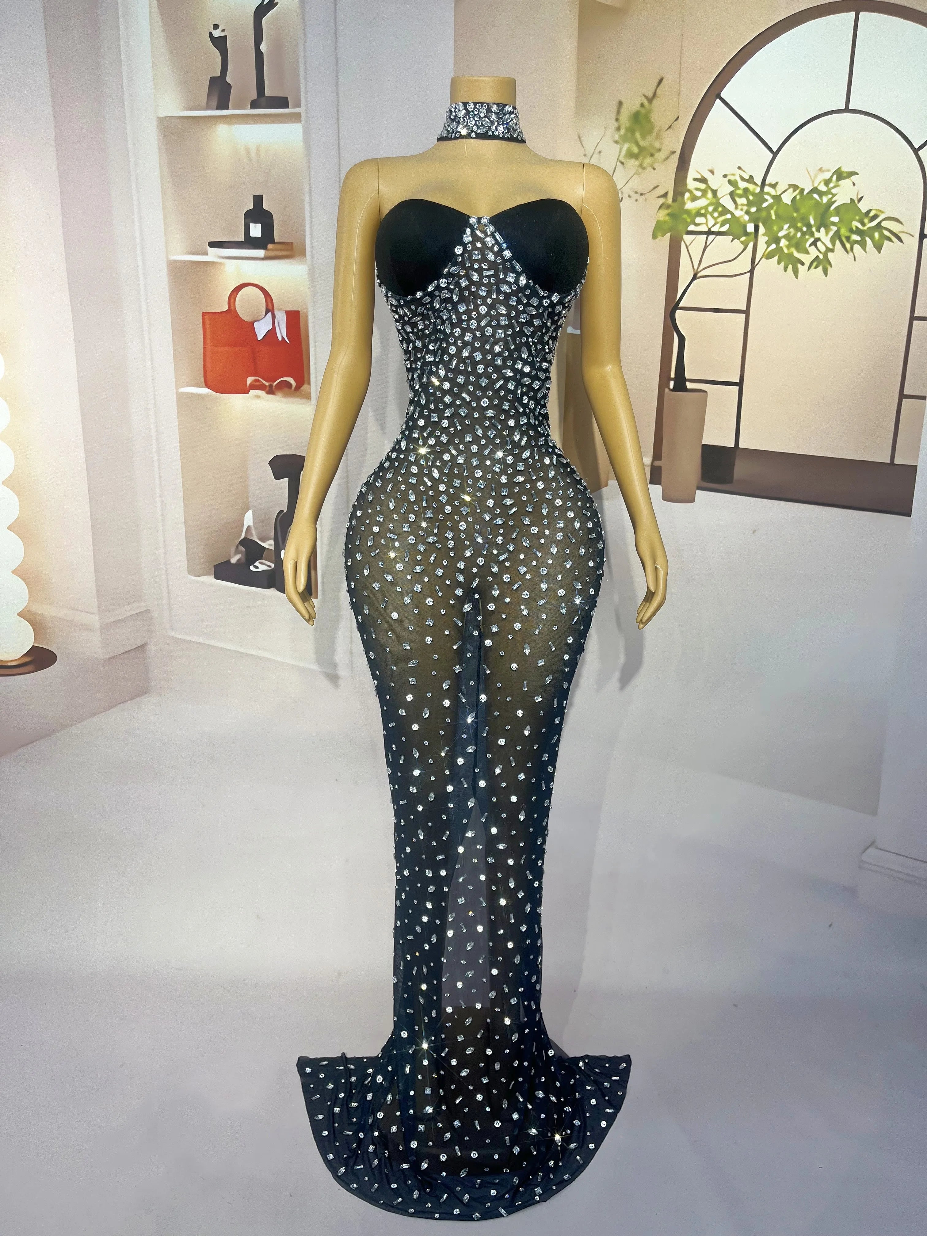 Silver Rhinestone Sheer Mesh Tube Evening Gown Stage Ball Dress
