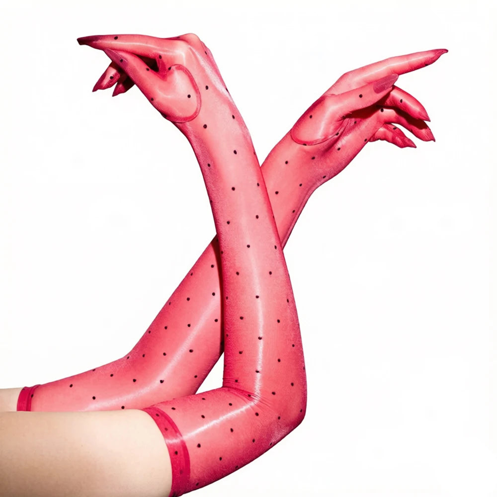Sexy Women 1D Dot Ultra Thin Five Finger Long Glove Oil Shiny Glossy Sun Protection Glove Elastic Party Wedding Luxury Glove