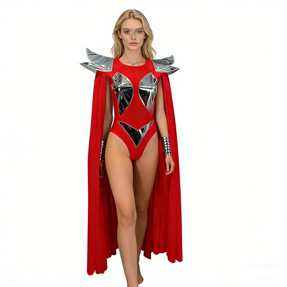 Futuristic Wing Shoulder Bodysuit & Trailing Cape Dance Performance Costume Set