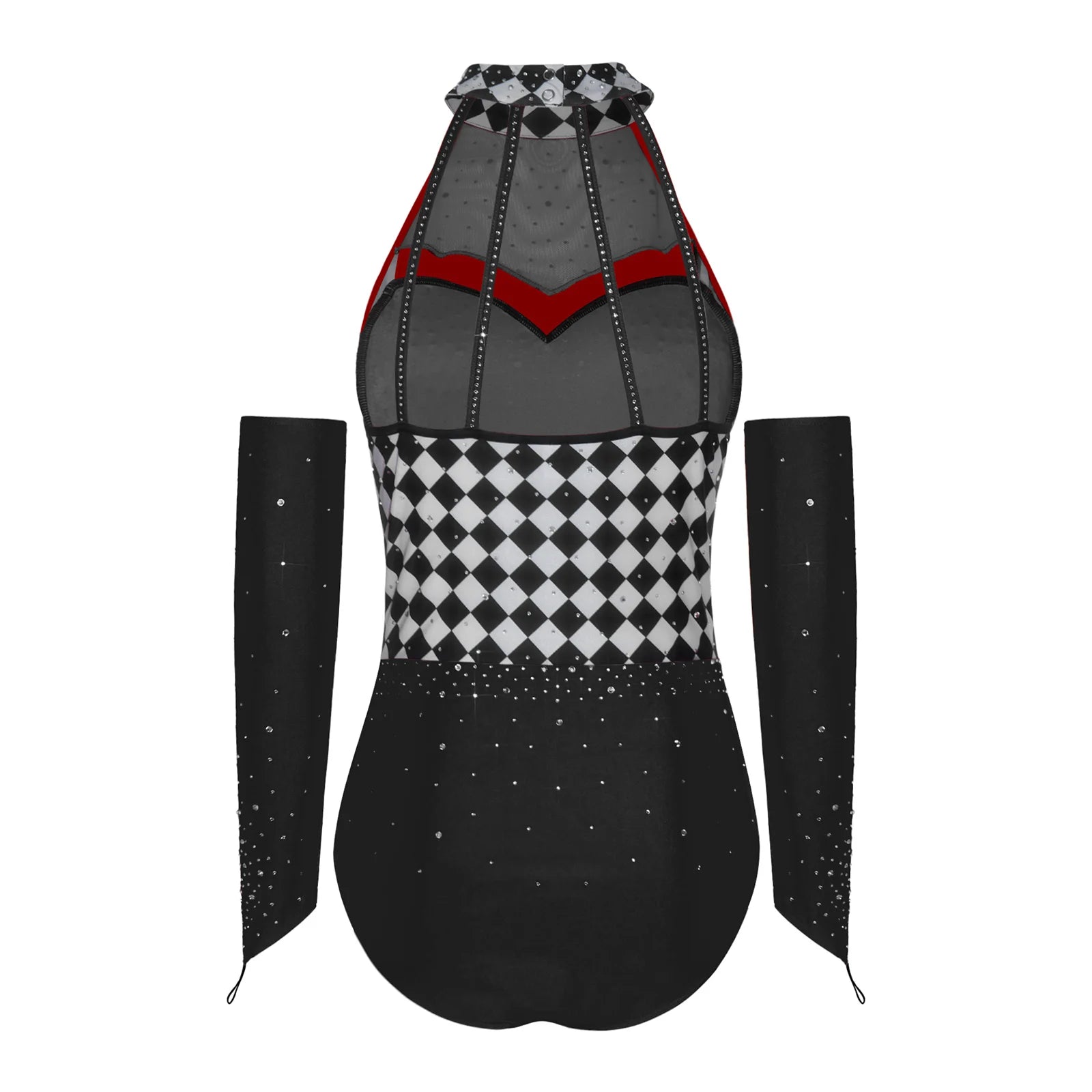 Queen of Hearts Rhinestone Halter Bodysuit & Sleeves Checkered Circus Stage Costume Set