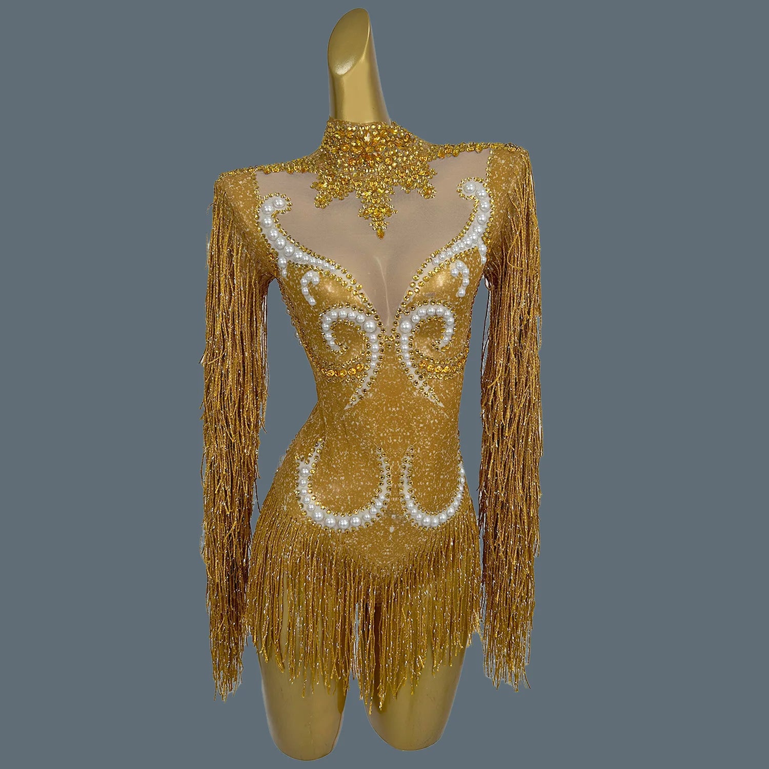 Pearl & Rhinestone Tassel Stage Costume Bodysuit Dance Leotard