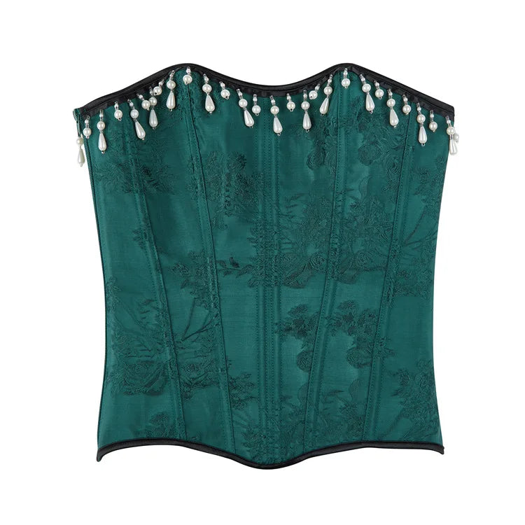 Green Floral Jacquard Overbust Corset Pearl Tassel Trim Bustier Top