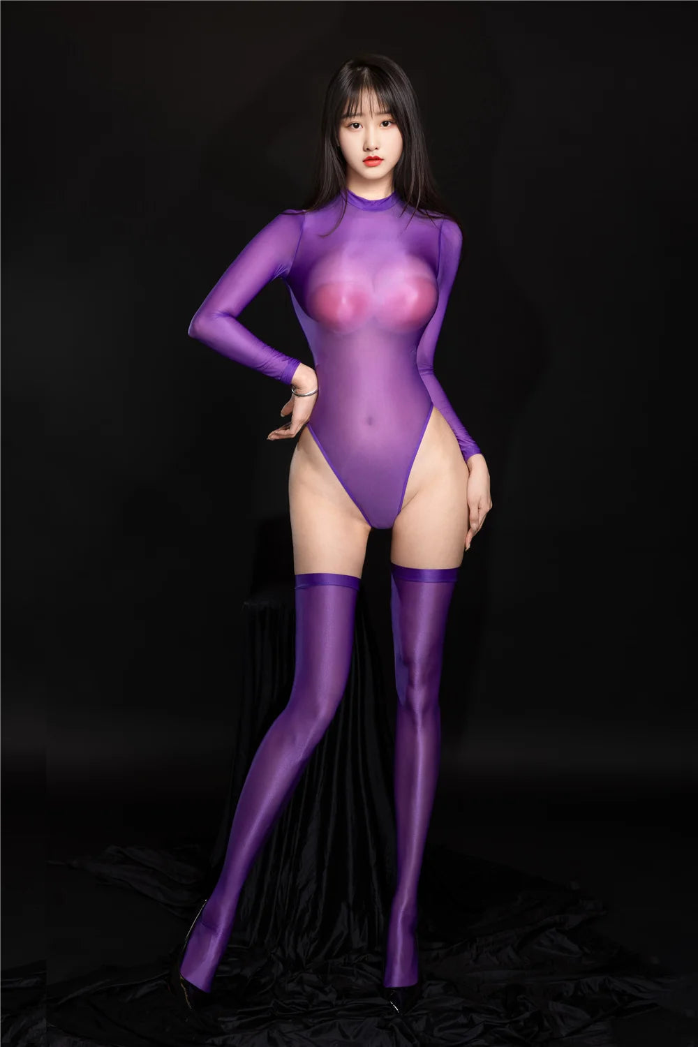 Oil Glossy High-Cut Open Crotch Shaping Bodysuit & Matching Stockings Set