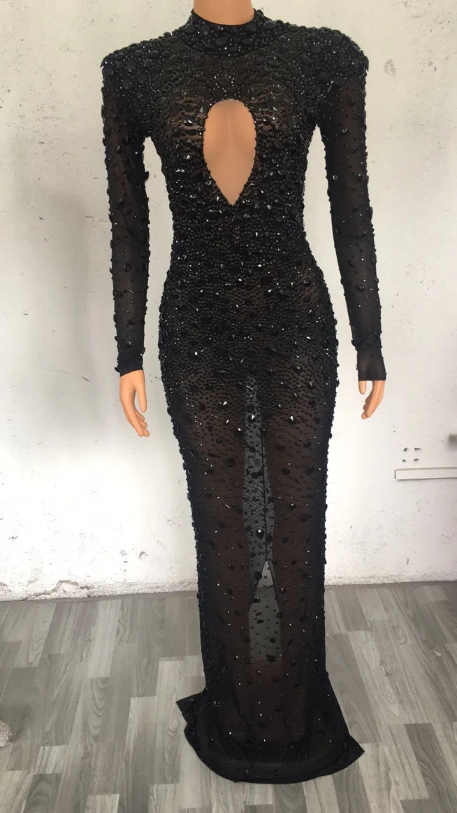 Sparkling Full Crystal Illusion Jumpsuit Long Sleeve Rhinestone Catsuit Stage Wear