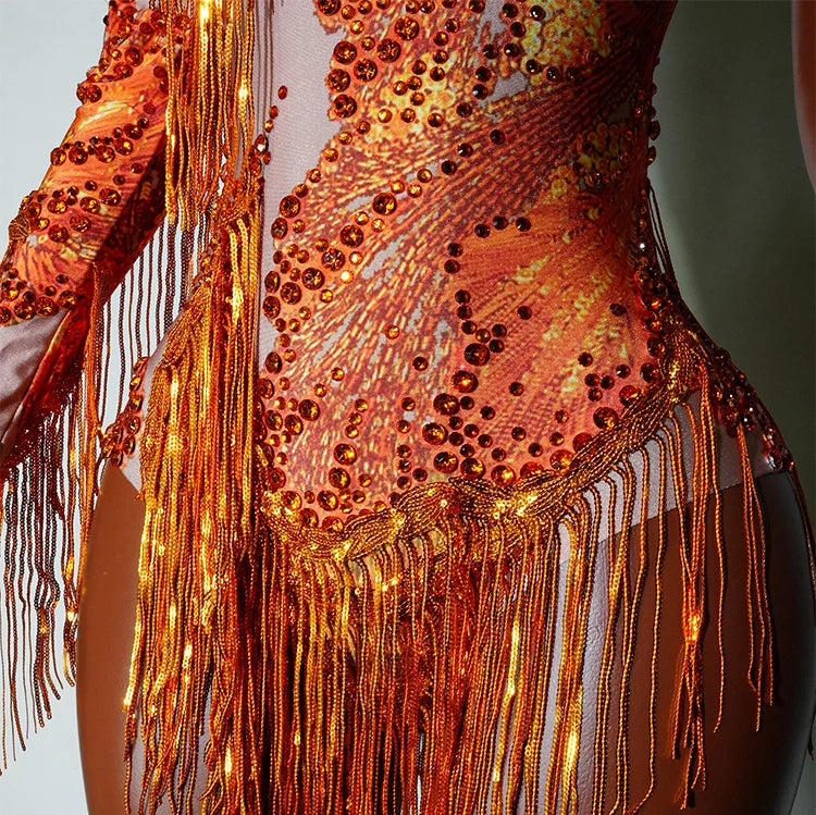 Leopard Sequin Fringe Asymmetrical Bodysuit One-Sleeve Stage Performance Costume