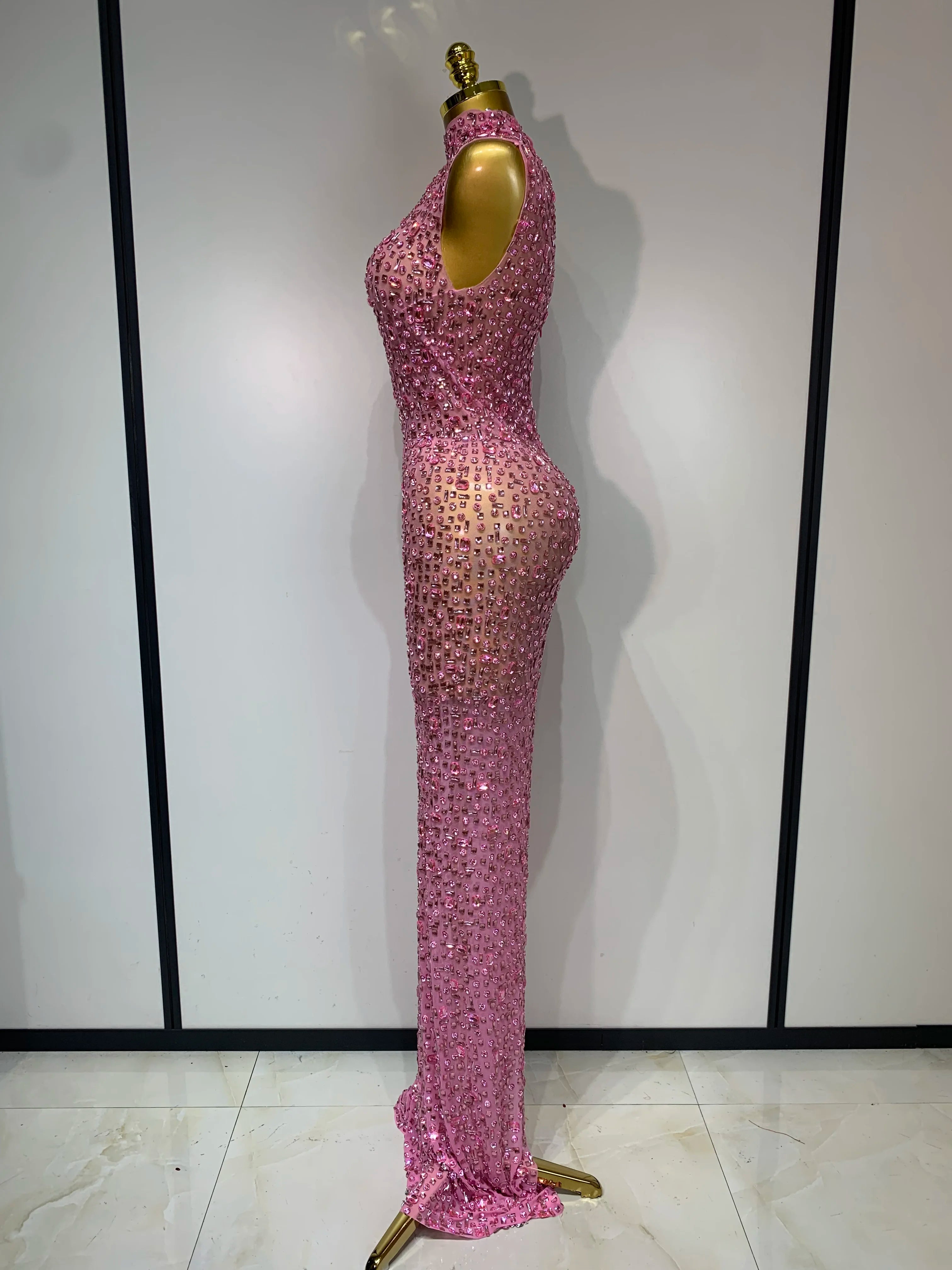 Sparkly Rhinestone Sleeveless Maxi Long Dress See-Through Sheer Mesh Stage Outfit