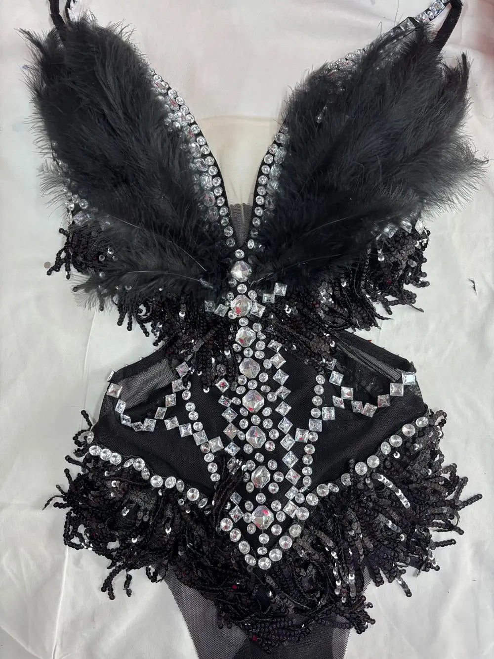 Sparkly Rhinestone Sequin Feather Bodysuit Showgirl Stage Performance Leotard