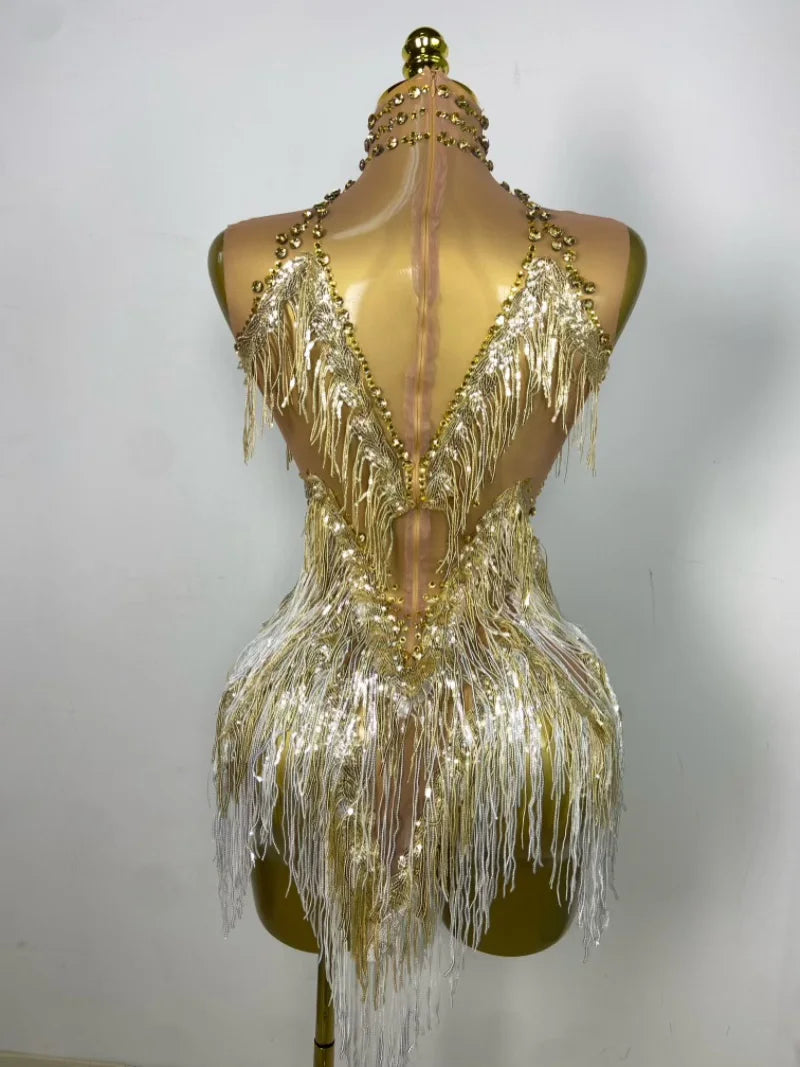 Sparkly Rhinestone & Tassel Fringe Latin Dance Mini Dress Stage Costume