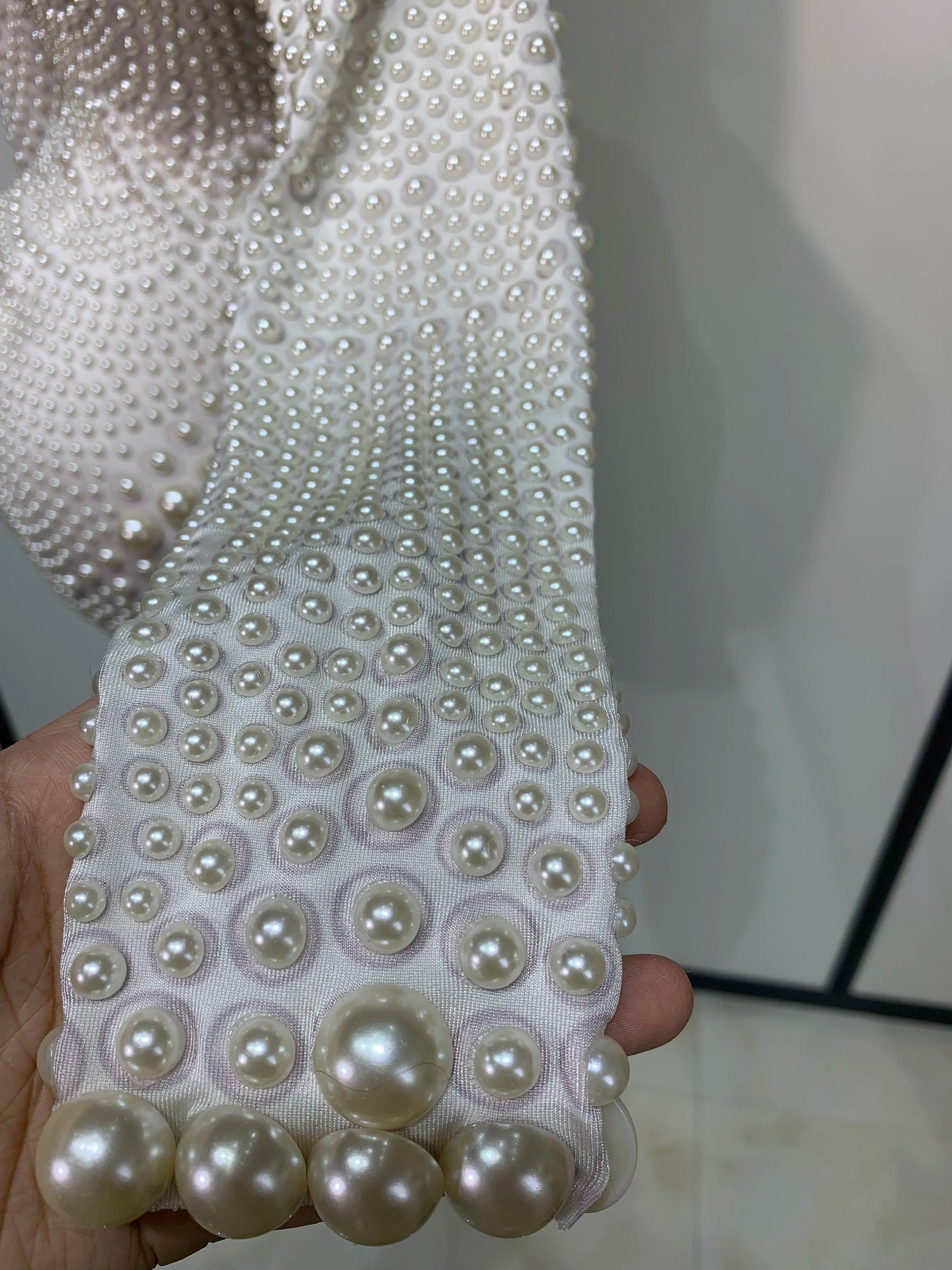 Luxury Pearl Long Sleeve Spandex Stretch Bodysuit Evening Stage Performance Costume