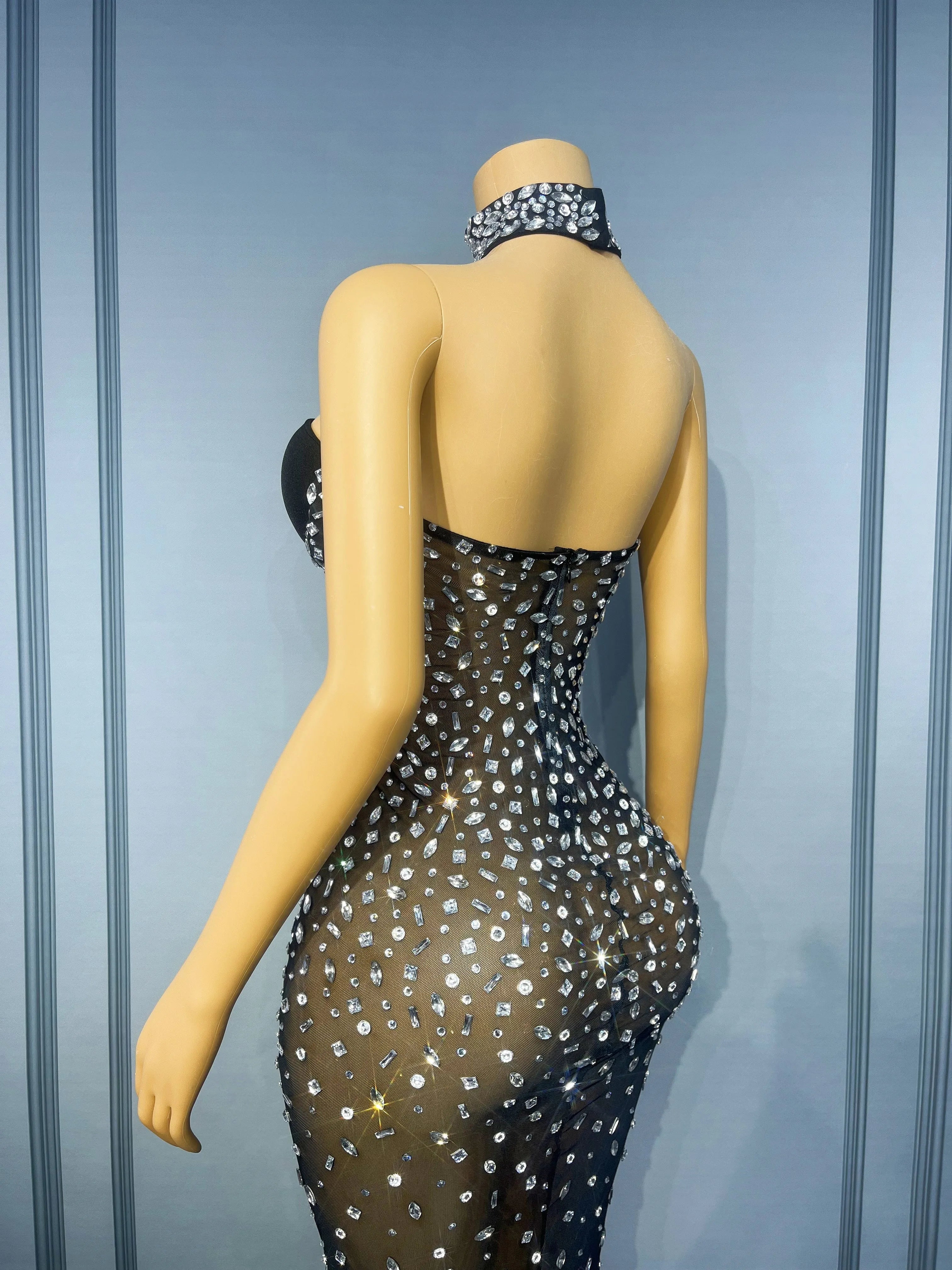 Silver Rhinestone Sheer Mesh Tube Evening Gown Stage Ball Dress