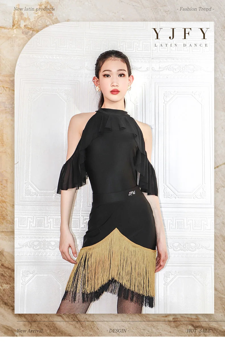 Black High-Neck Short-Sleeve Bodysuit & Gold Fringe Skirt Latin Dance Costume Set