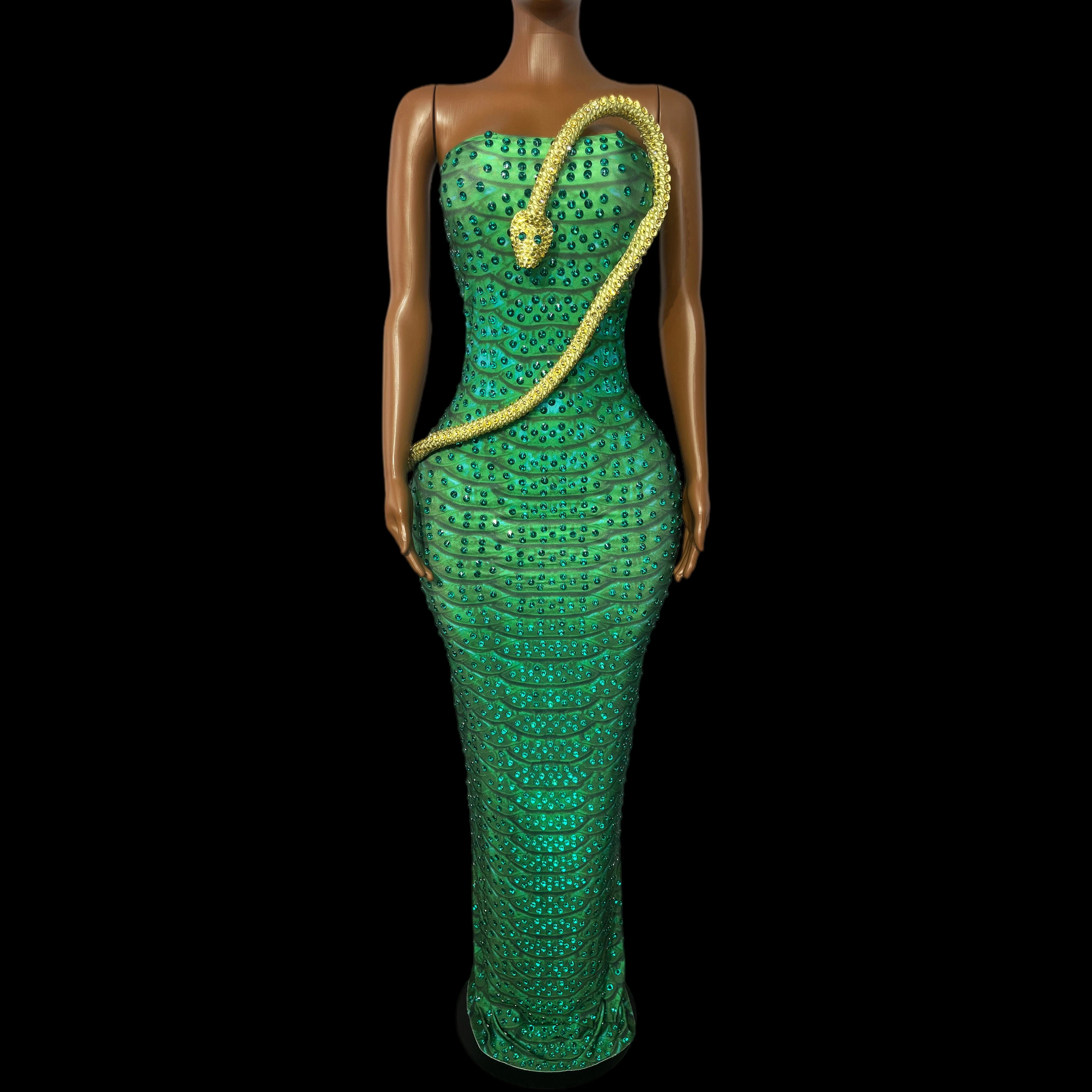 Emerald Snake Rhinestone Illusion Strapless Gown Sculpted Serpent Floor-Length Evening Dress