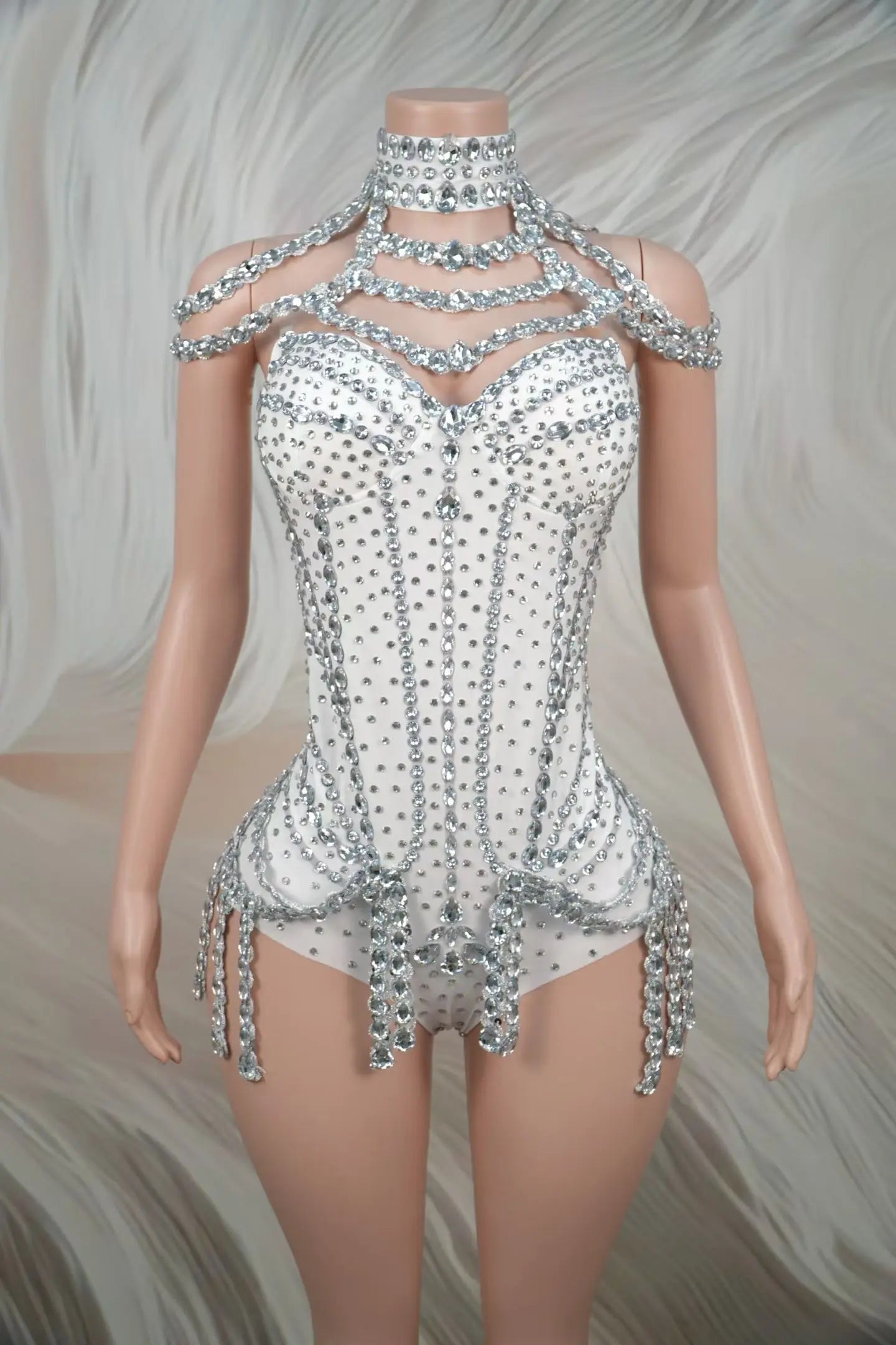 Sparkly Rhinestone Tassel Spandex Bodysuit Halter Dance Stage Costume Leotard