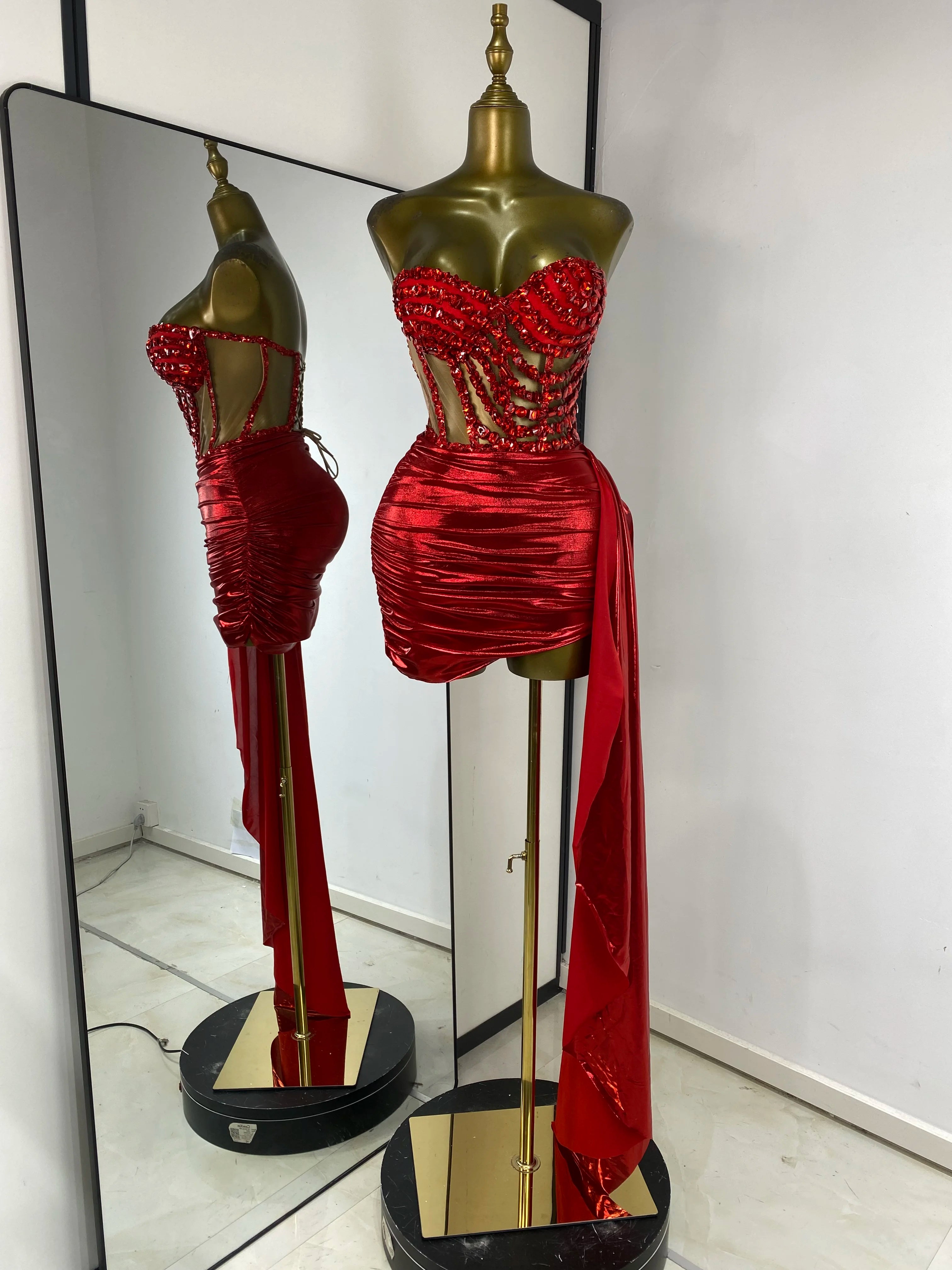 Rhinestone Tube Bustier Corset Top & Bronzing Mini Skirt 2-Piece Performance Set