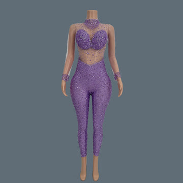 Sparkly Crystal Mesh Sheer Illusion Jumpsuit Stage Catsuit Costume
