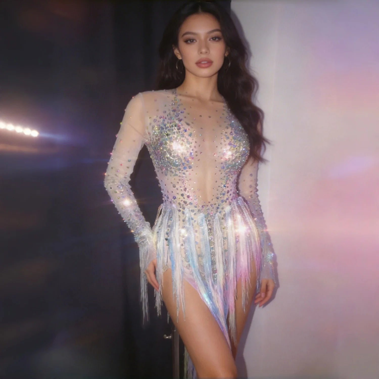 Iridescent Crystal Tassel Long Sleeve Sheer Mesh Stage Bodysuit Costume