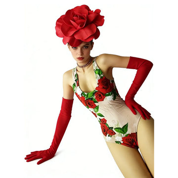 Scarlet Rose Floral Bodysuit, Opera Gloves & 3D Flower Headpiece 3-Piece Stage Costume Set