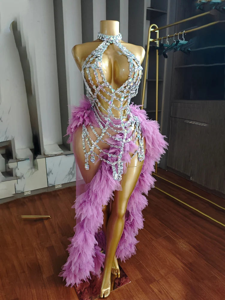 Purple Spiderweb Rhinestone Halter Bodysuit & Trailing Ruffle Tulle Skirt 2-Piece Stage Costume Set