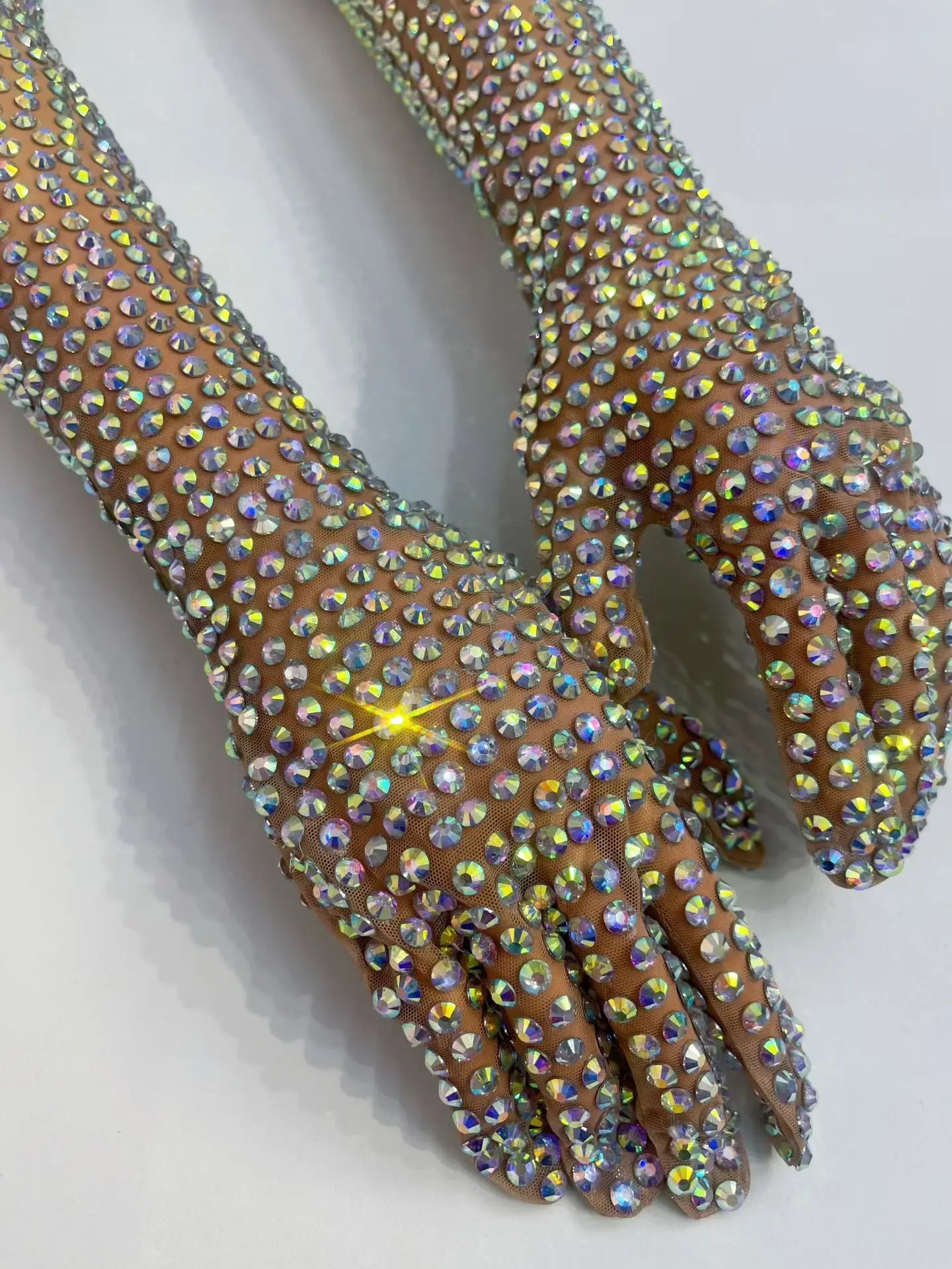 AB Rhinestone Sheer Mesh Long Opera Gloves Stage Performance Costume Accessory