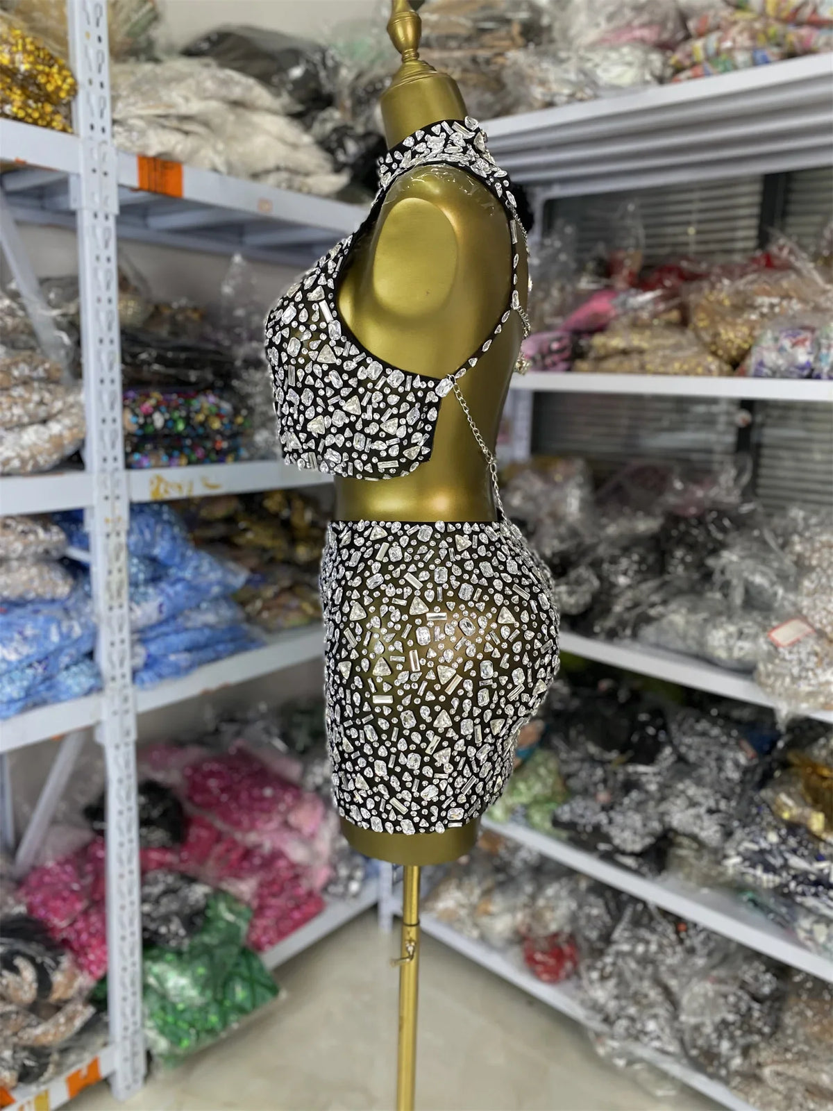 Vintage-Inspired Sparkly Rhinestones Two-Piece Backless Top And Mini Skirt Set