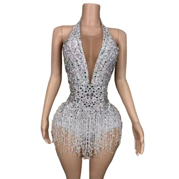 Deep V-Neck Backless Rhinestone, Pearl & Fringe Bodysuit Stage Performance Costume
