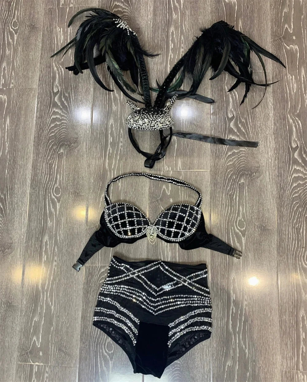 Black Rhinestone Grid Bikini & Feather Wing Headpiece Gogo Stage Costume Set