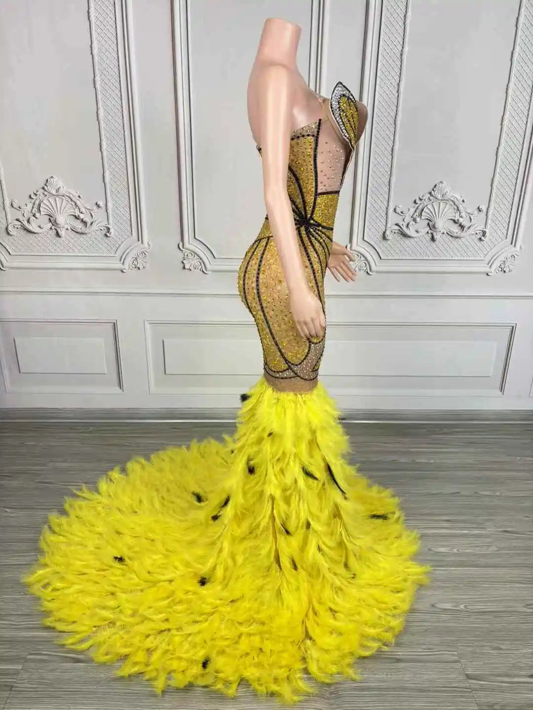 Women's Gold & Silver Crystal Mesh Feather Maxi Dress | Luxury Gown for Birthday, Prom & Stage