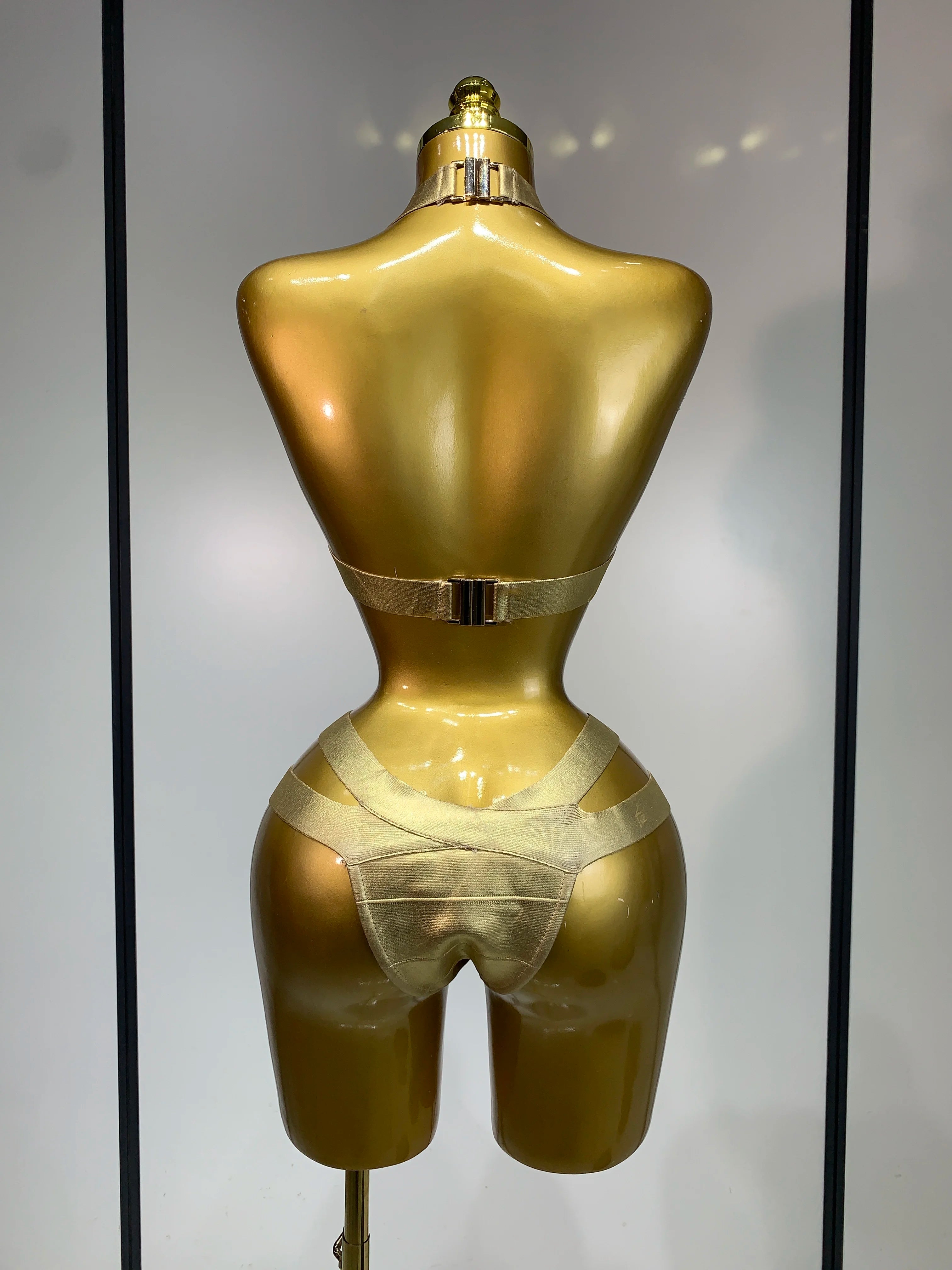 Gold Knitted Halter Bandage Two-Piece Set Stage Performance Costume Outfit