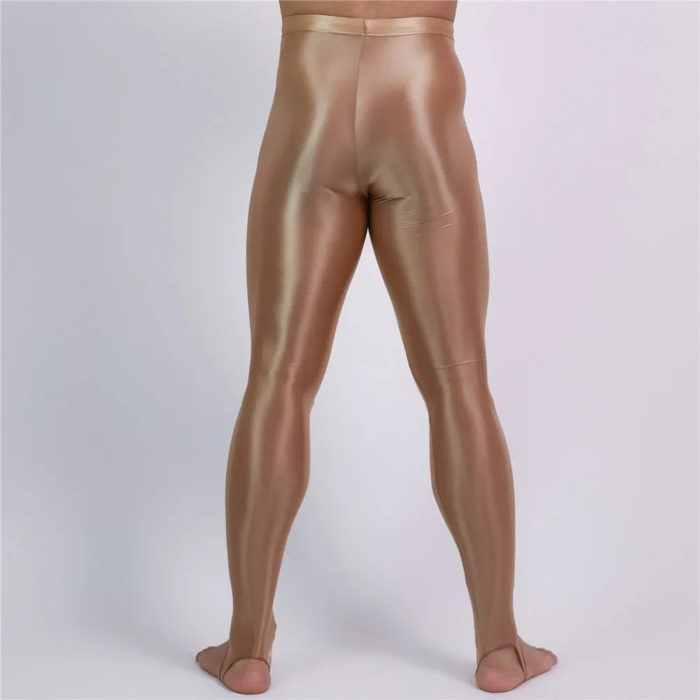 Men's Slim Tights Pencil Pants Stain Smooth  Oil Glossy Shiny Elastic Yoga Leggings Sheer See Through Full Pants Plus Size