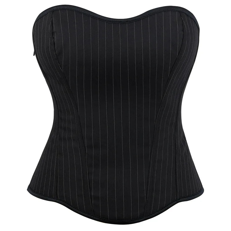 Black Striped Overbust Corset Top Zipper Front Lace-Up Bustier Body Shaper