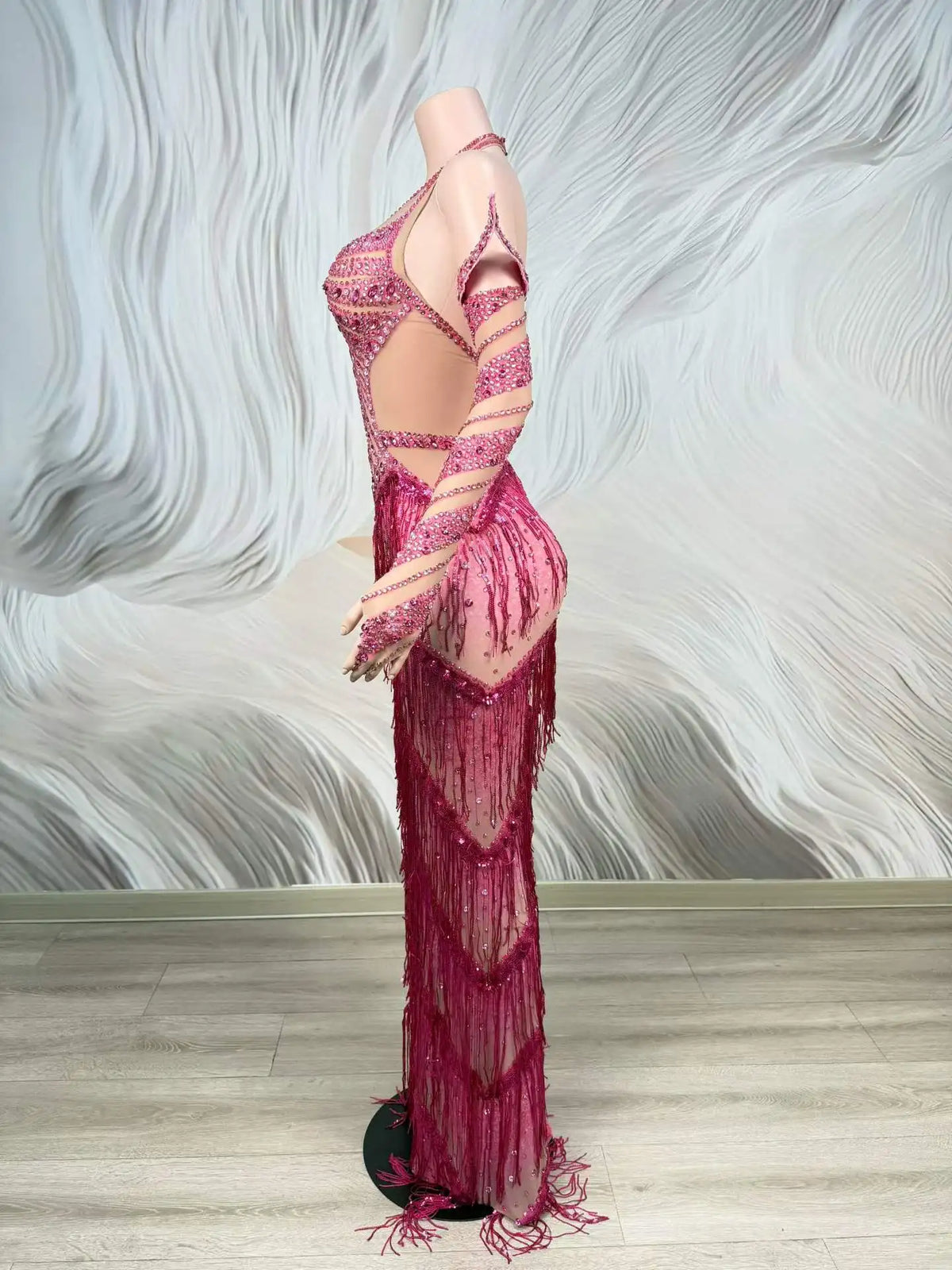 Women's Rhinestone Tassel Mesh Dress | Sparkly Stage & Nightclub Party Dress