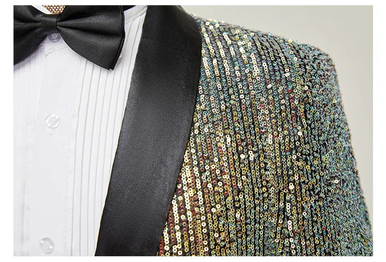 Men's Luxury Gradient Sequin Blazer Shawl Lapel Formal Stage Tuxedo Jacket