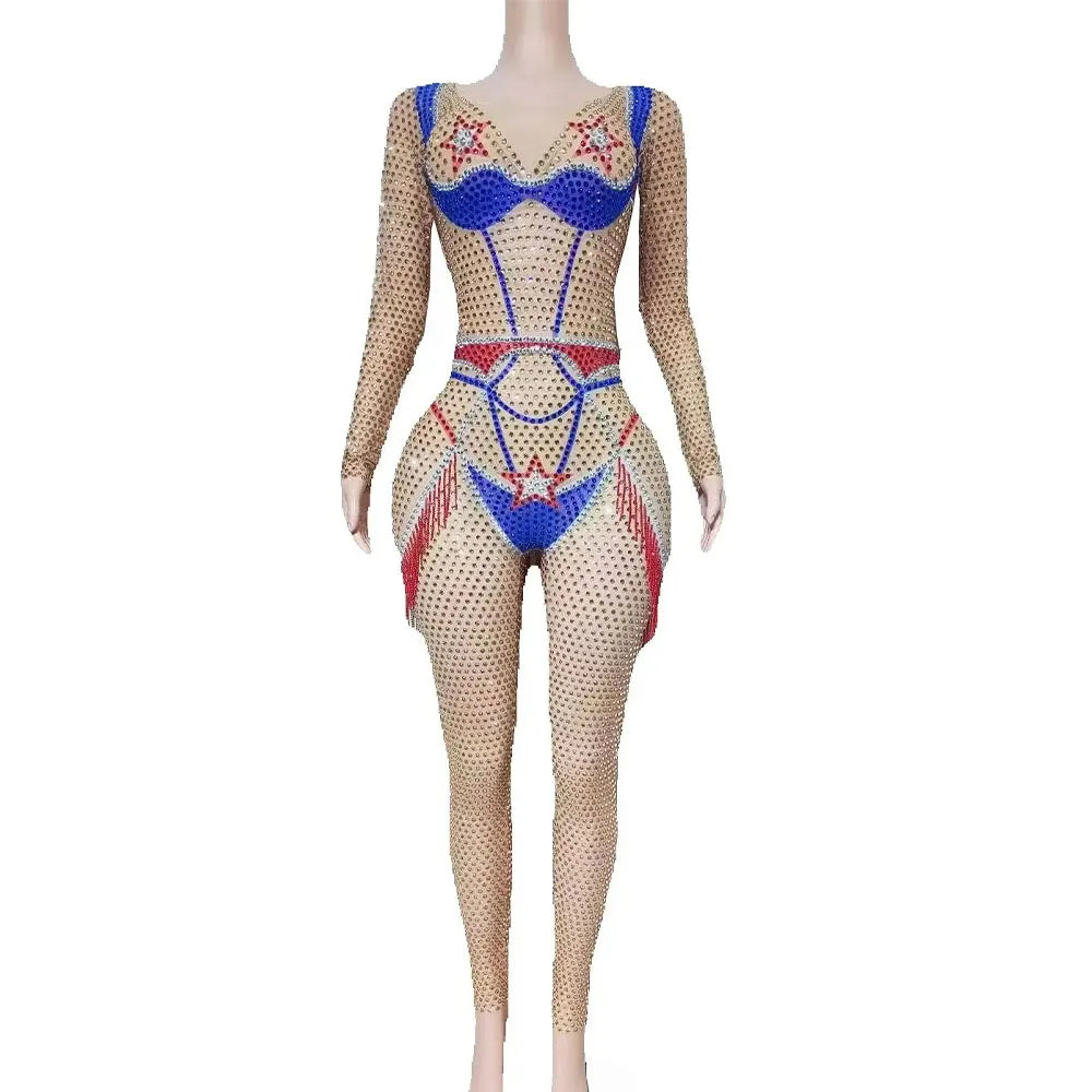 Sparkly Rhinestones Jumpsuit for Women Sexy Nightclub Birthday Party Bodysuit Show Performance Photoshoot Stage Wear