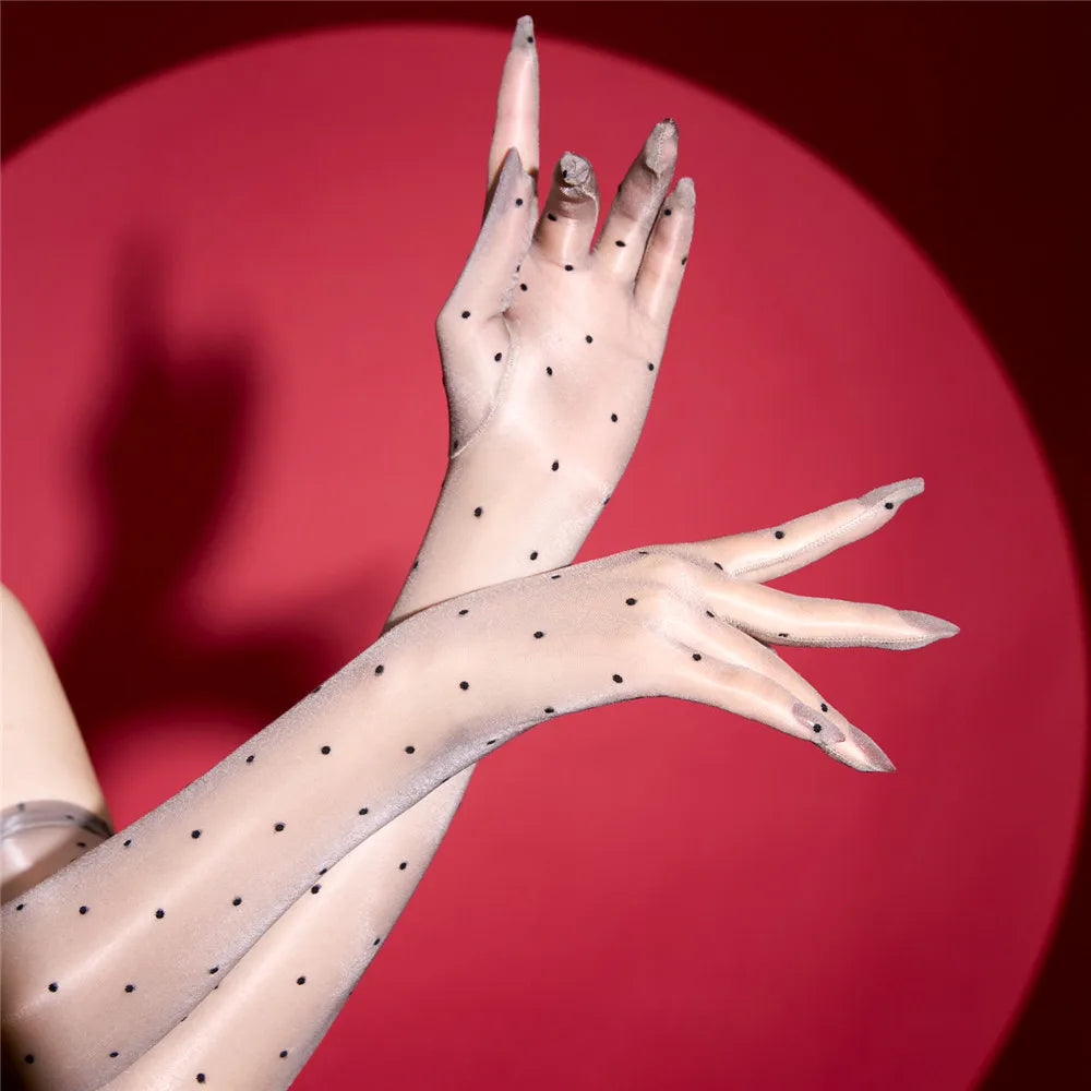 Sexy Women 1D Dot Ultra Thin Five Finger Long Glove Oil Shiny Glossy Sun Protection Glove Elastic Party Wedding Luxury Glove
