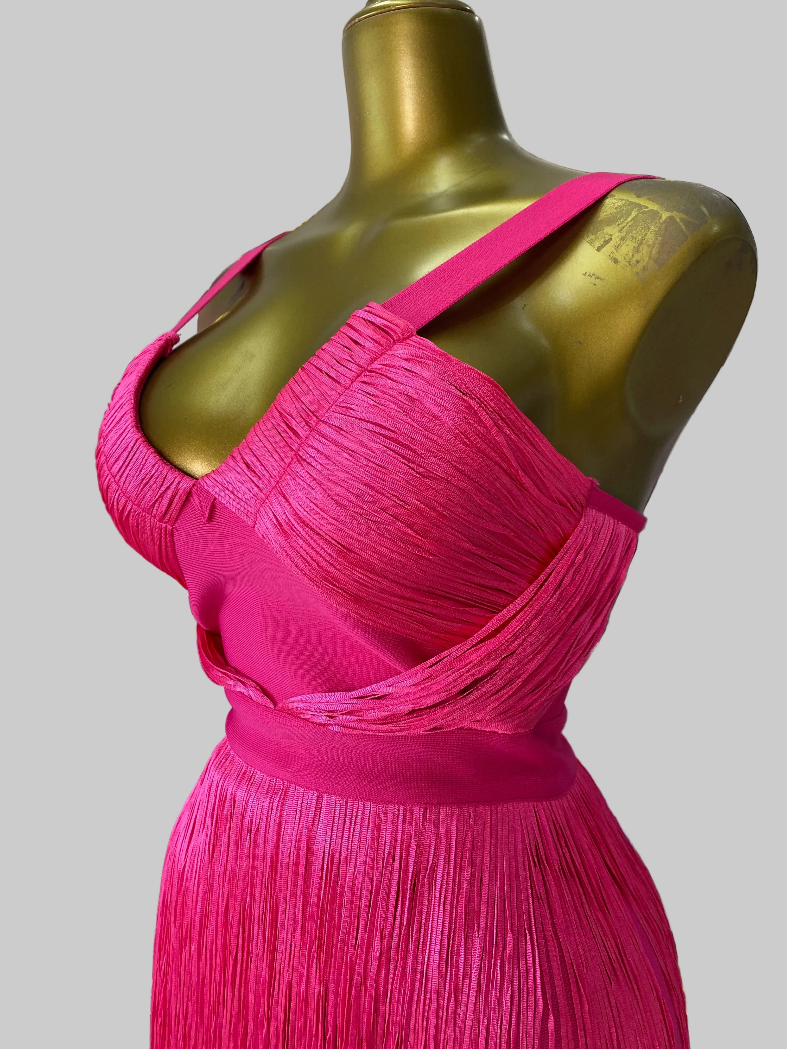 Hot Pink Asymmetrical Fringe Bandage Midi Dress & One-Shoulder Gala Party Dress