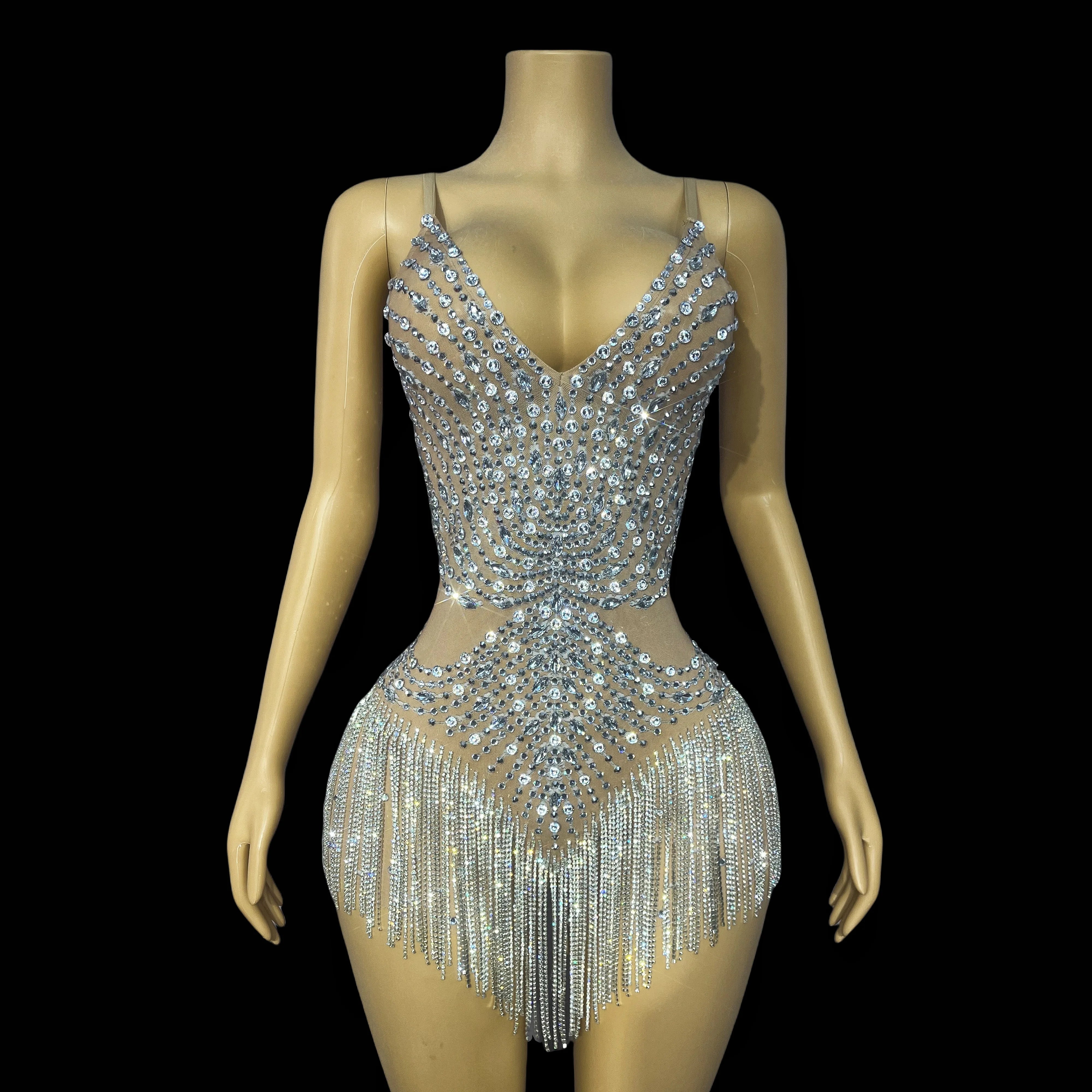 Flashing Crystal Rhinestone Chain Sheer Nude Mesh Stage Bodysuit Dance Leotard
