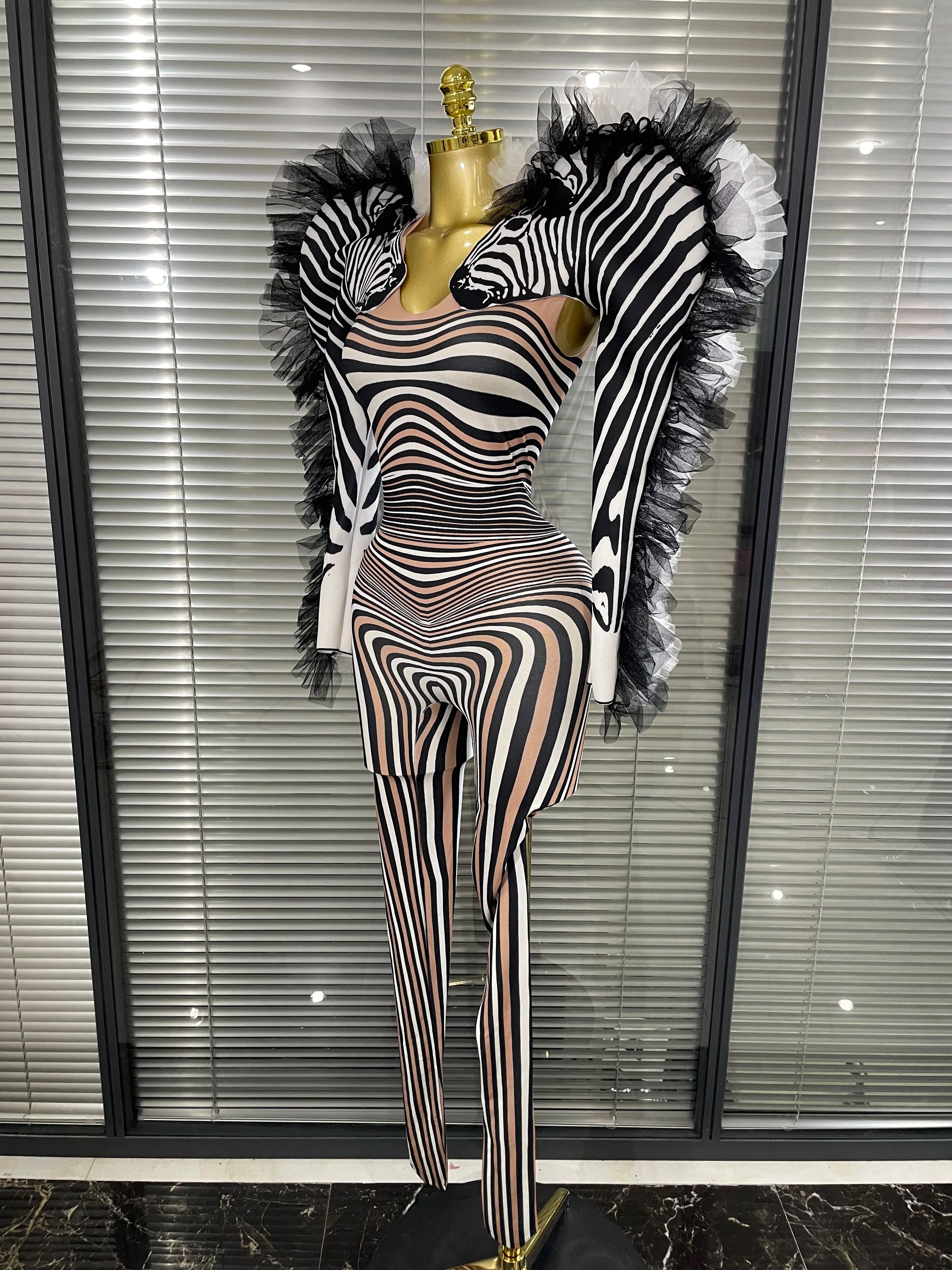 Zebra Print Illusion Catsuit & Feather Wing Bolero Jacket 2-Piece Stage Costume Set
