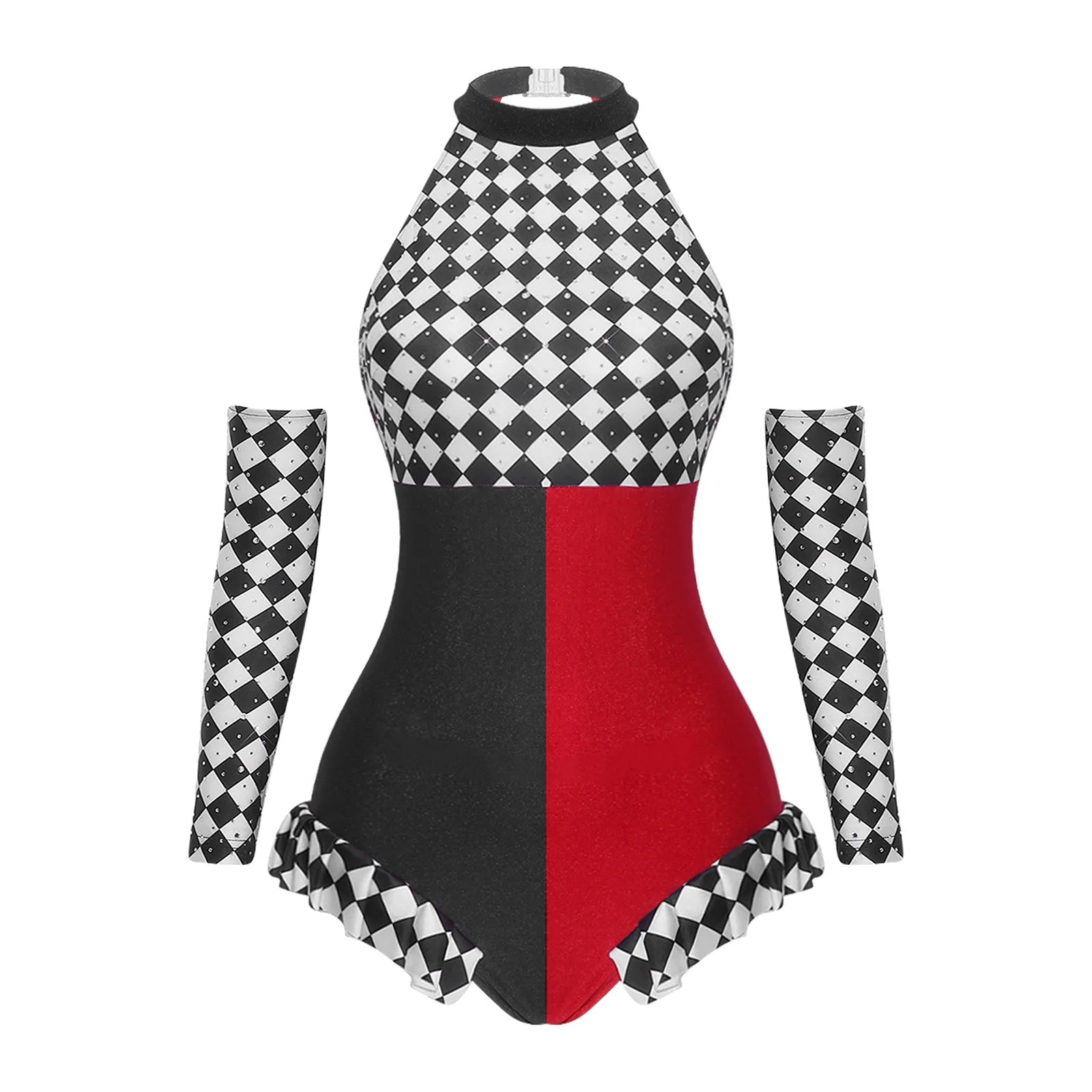 Circus Harlequin Clown Plaid Halter Bodysuit & Arm Sleeves 2-Piece Cosplay Costume Set