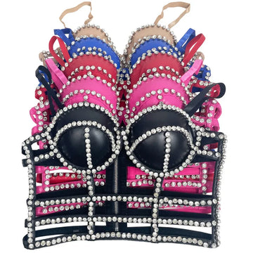 Gothic Studded Faux Leather Bustier Top Cage Strap Party Bralette