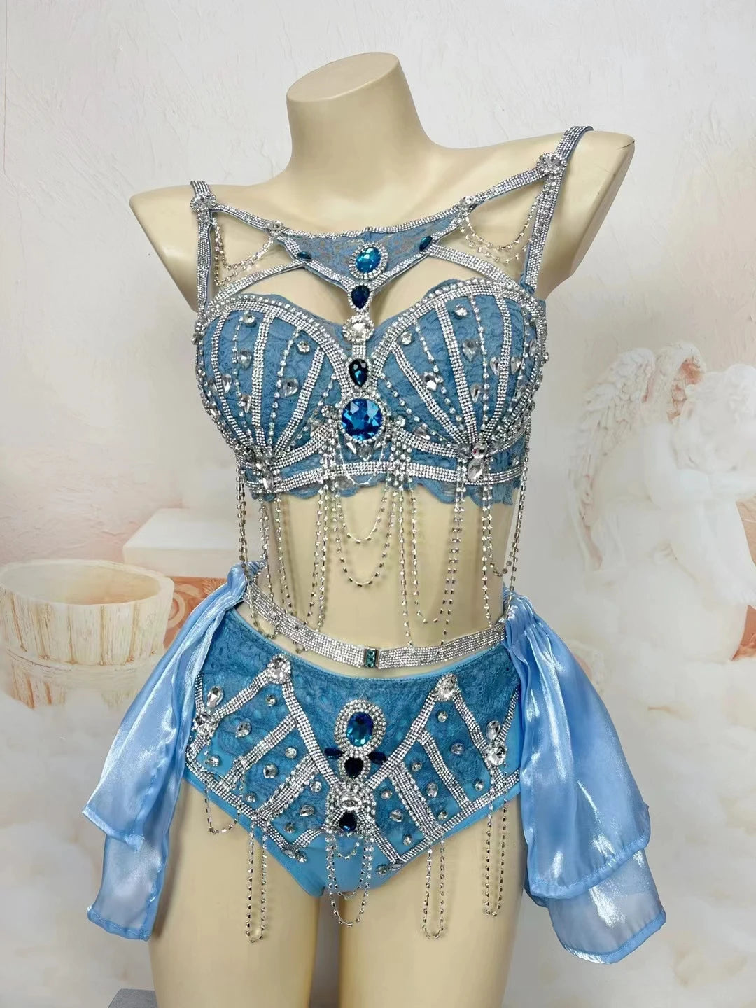 Sapphire Blue Rhinestone Bikini & Micro Skirt 2-Piece Stage Dance Costume Set