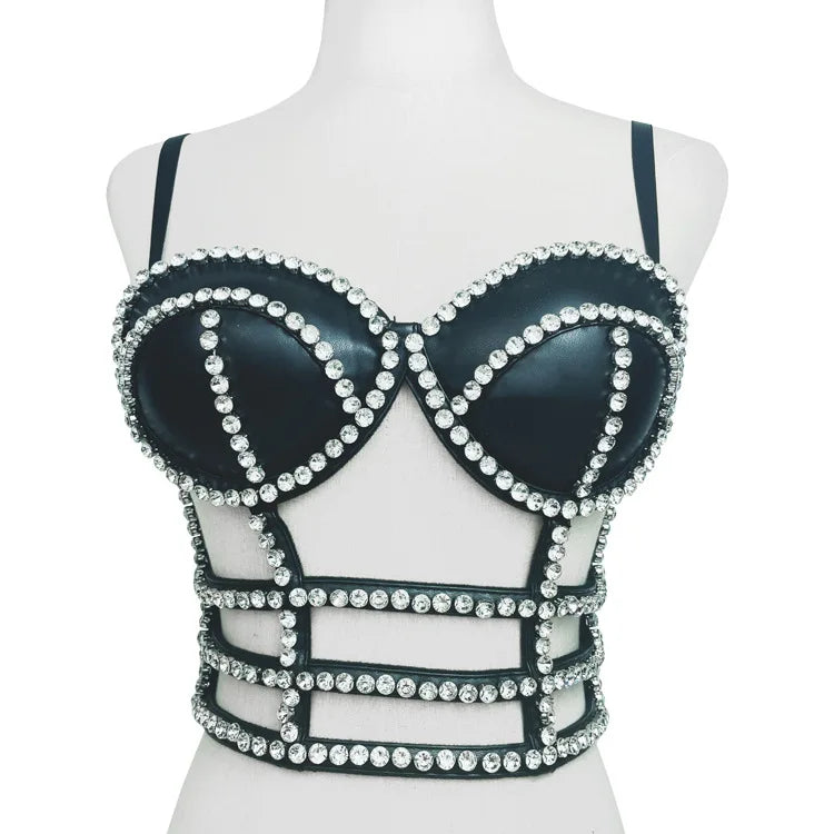 Gothic Studded Faux Leather Bustier Top Cage Strap Party Bralette