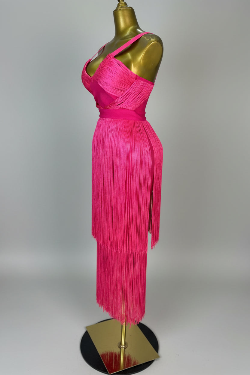 Hot Pink Asymmetrical Fringe Bandage Midi Dress & One-Shoulder Gala Party Dress